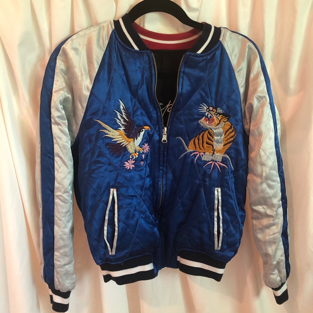 Unisex bomber style jacket, embroidery, reversible